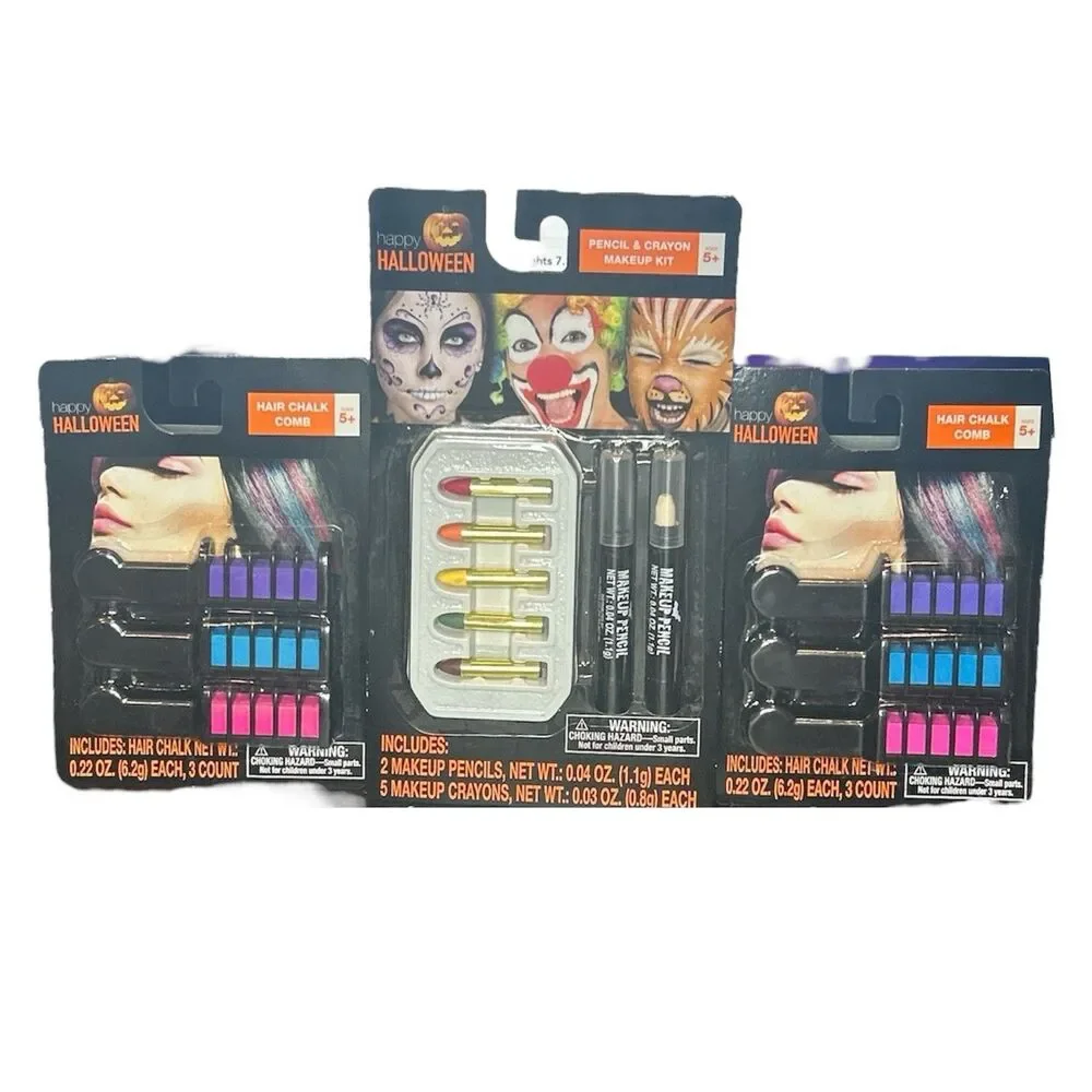 3x Halloween Pencil & Crayon Makeup Kit And Hair Chalk Comb